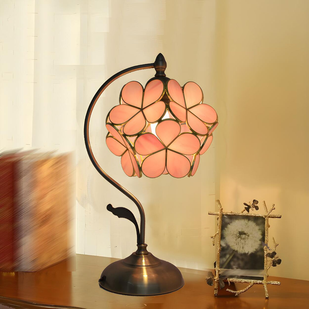 Elegant Tiffany Cherry Blossoms Ball Glass Table Lamp Image - 5