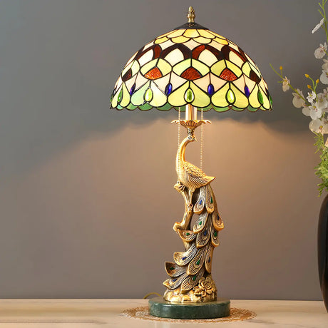 Elegant Tiffany Phoenix Dome Stained Glass Table Lamp Image - 1