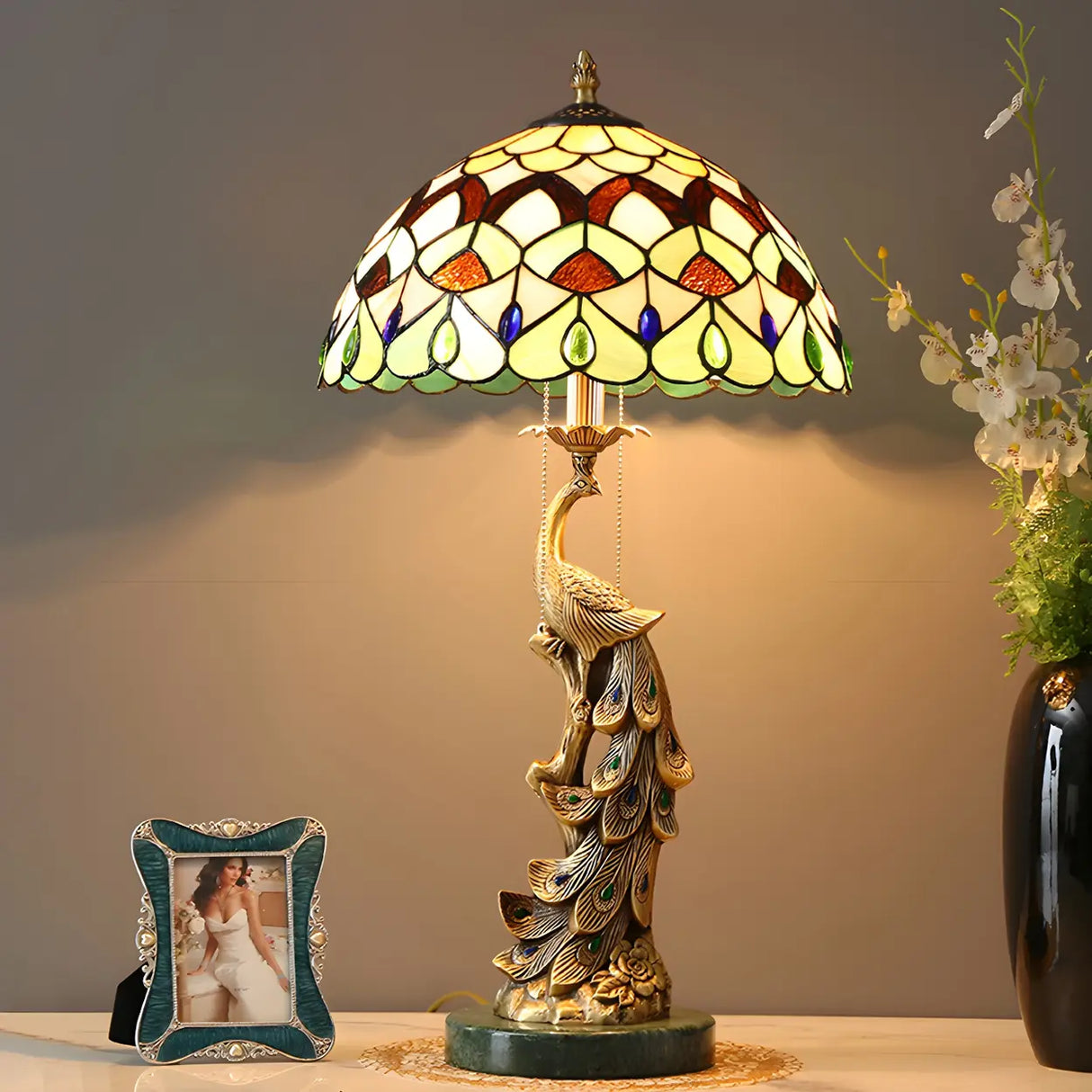 Elegant Tiffany Phoenix Dome Stained Glass Table Lamp Image - 10