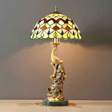 Elegant Tiffany Phoenix Dome Stained Glass Table Lamp Image - 2