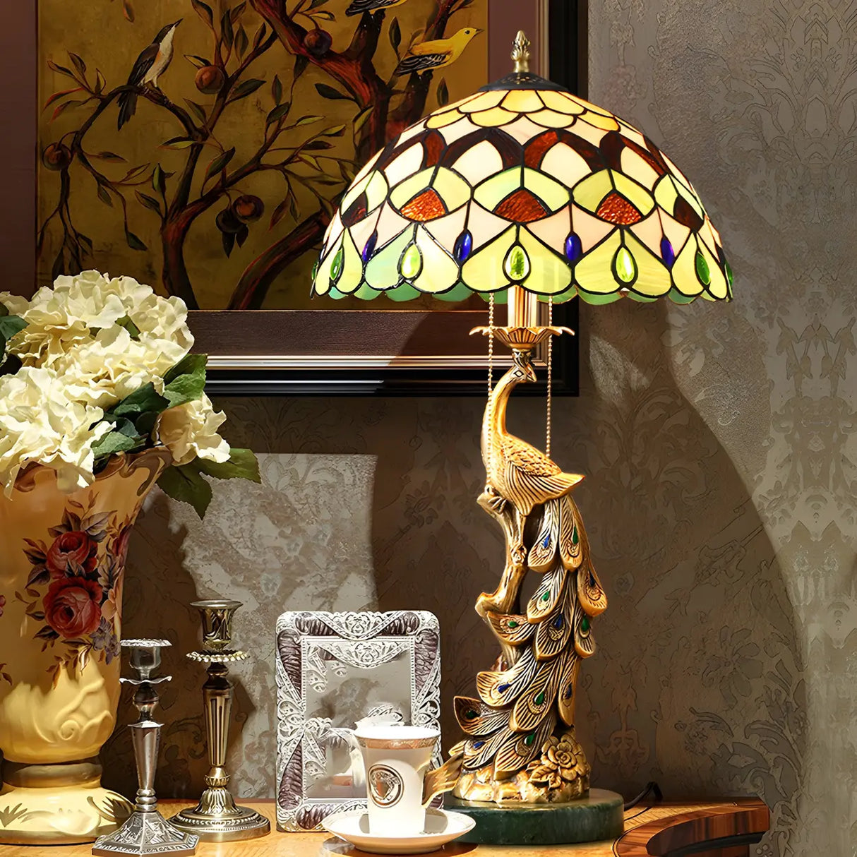 Elegant Tiffany Phoenix Dome Stained Glass Table Lamp Image - 4