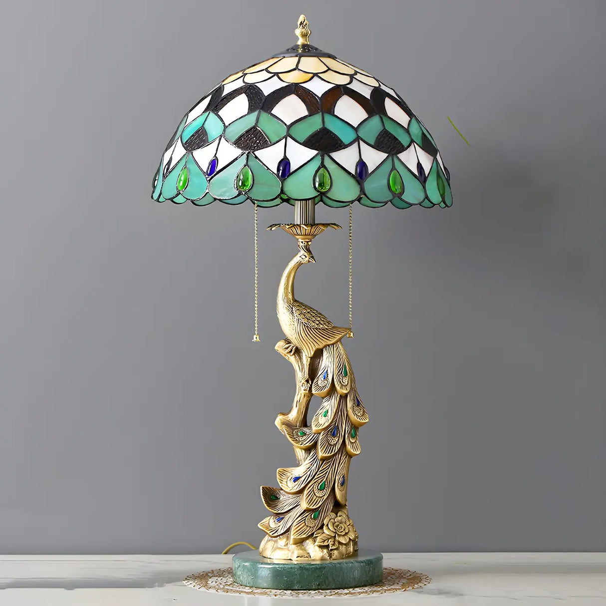 Elegant Tiffany Phoenix Dome Stained Glass Table Lamp Image - 7