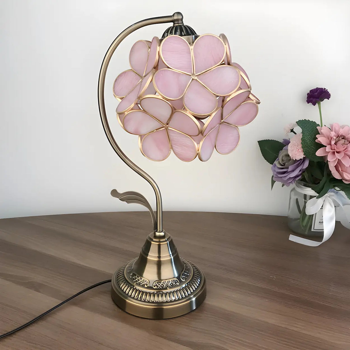 Elegant Tiffany Pink Glass Petal Bloom Decor Desk Lamp Image - 1