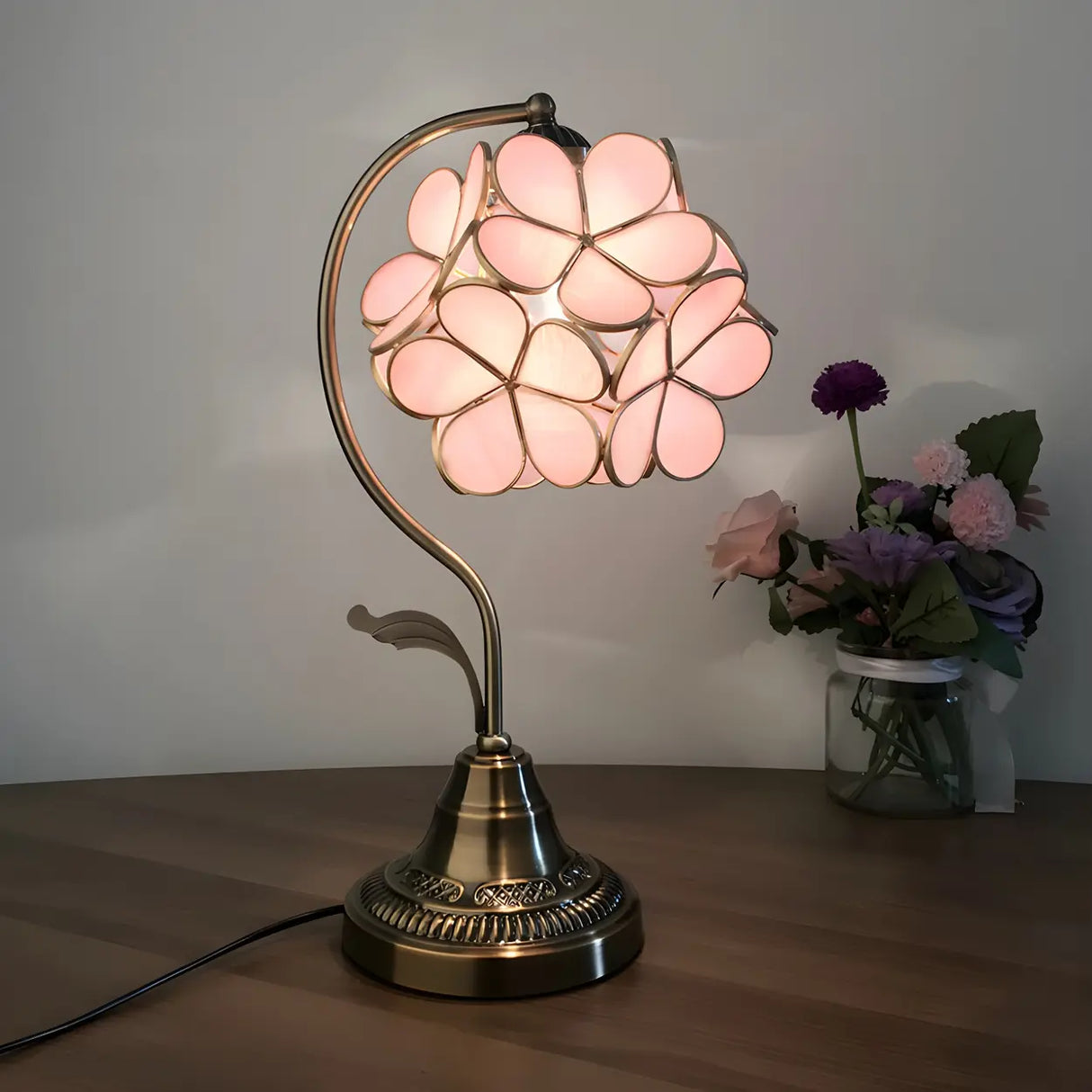 Elegant Tiffany Pink Glass Petal Bloom Decor Desk Lamp Image - 2