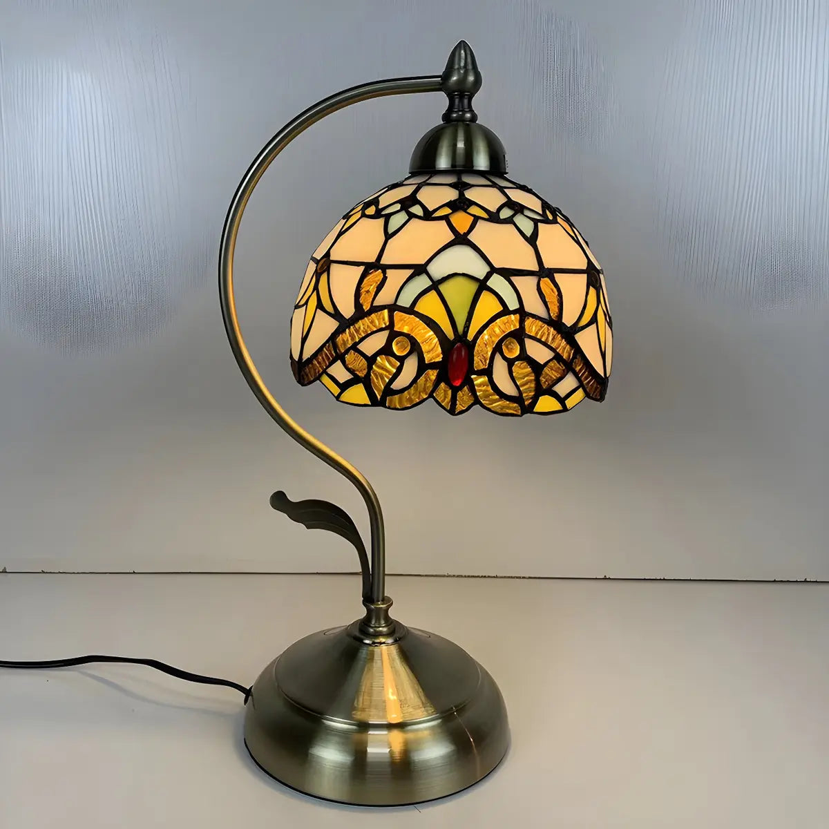 Elegant Tiffany Tapered Glass Shade Metal Table Lamp Image - 15