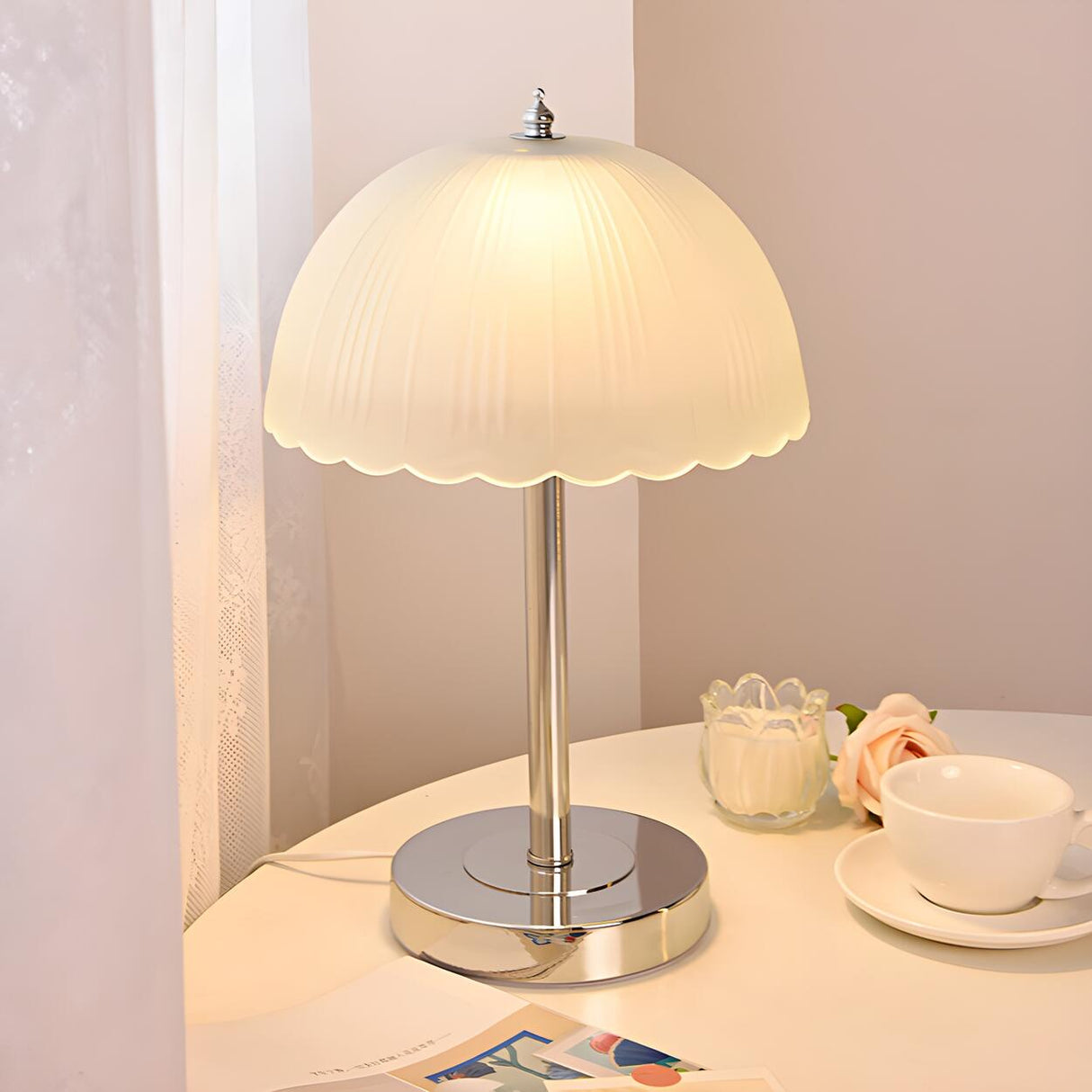 Elegant Umbrella Dome Glass Shade White LED Table Lamp Image - 1