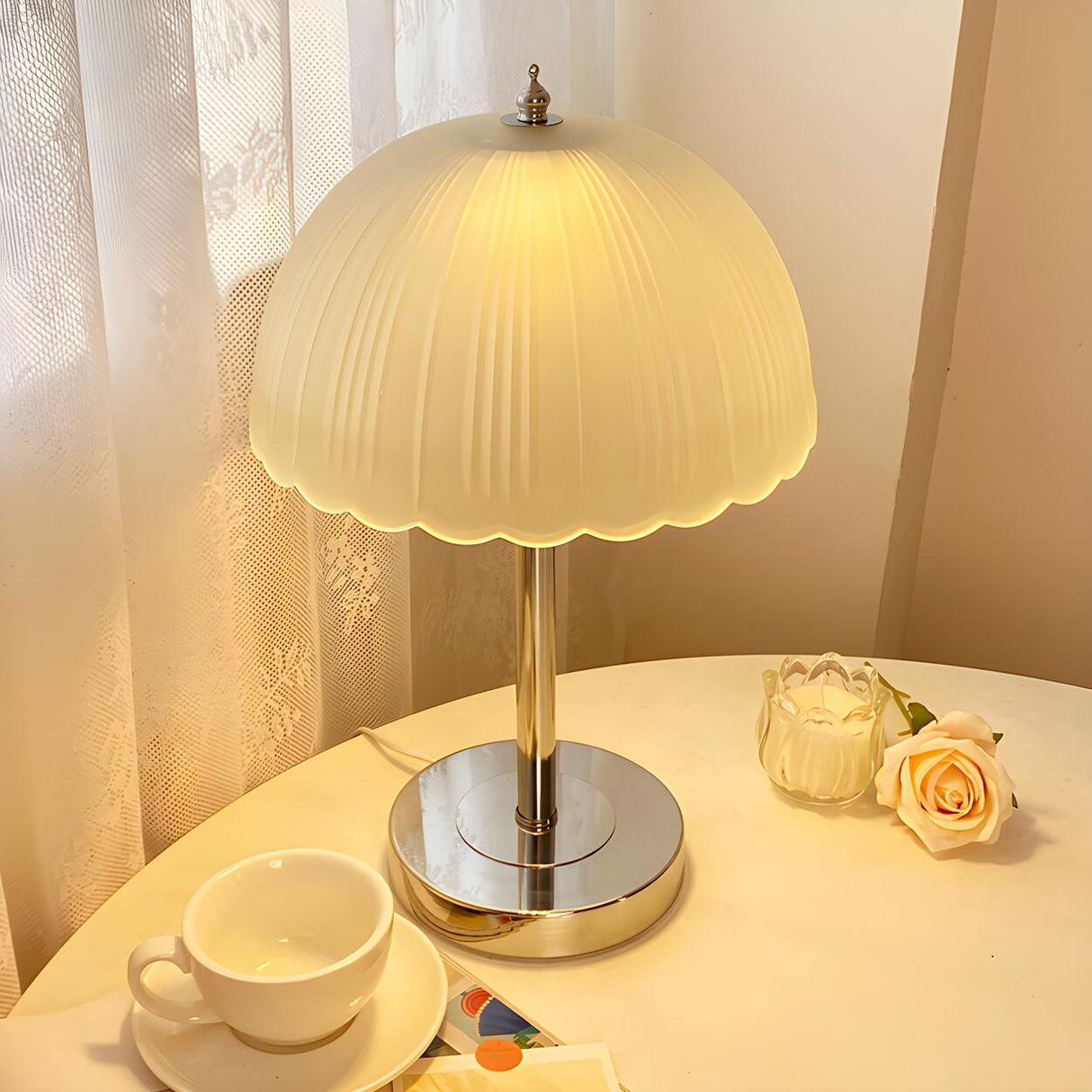 Elegant Umbrella Dome Glass Shade White LED Table Lamp Image - 11