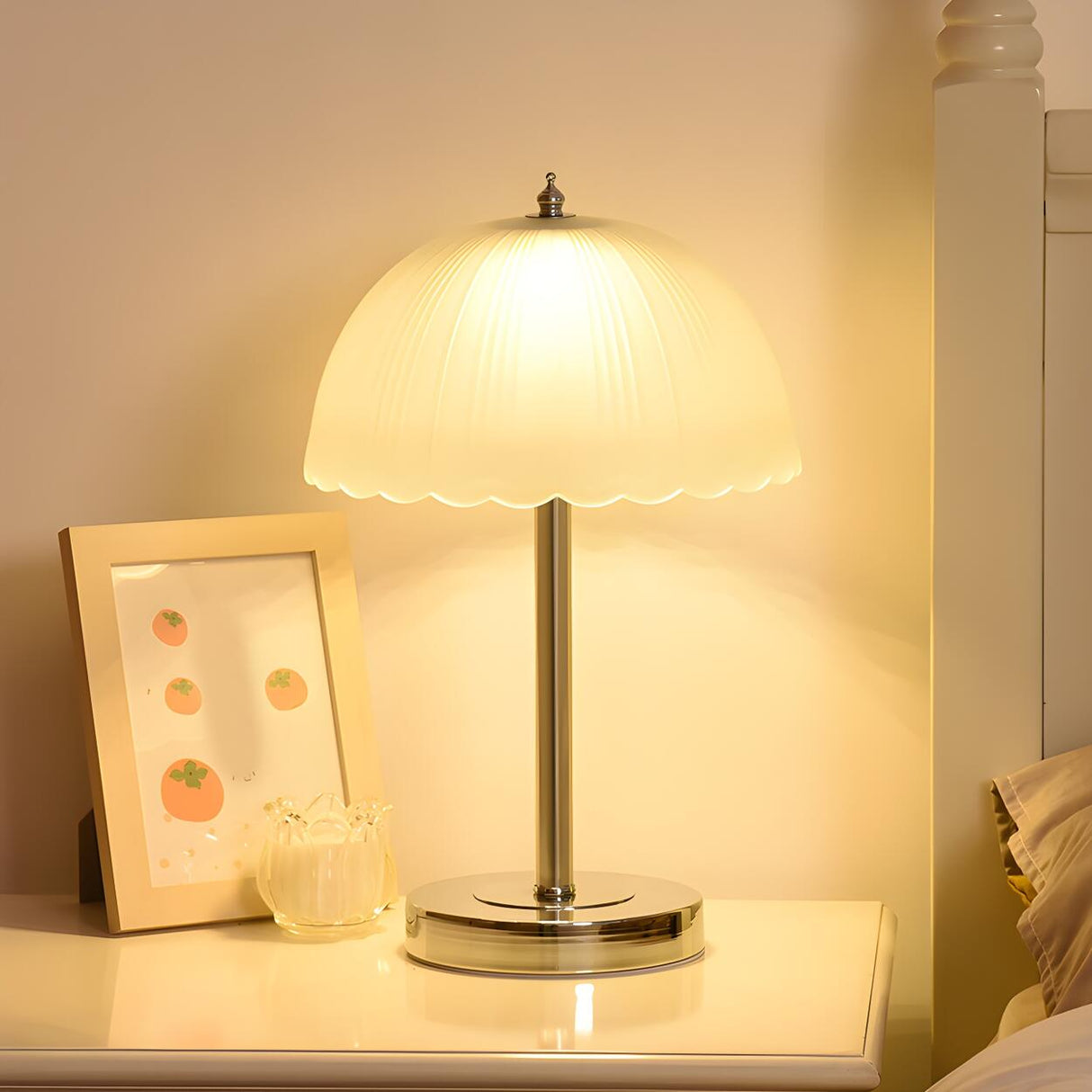 Elegant Umbrella Dome Glass Shade White LED Table Lamp Image - 4