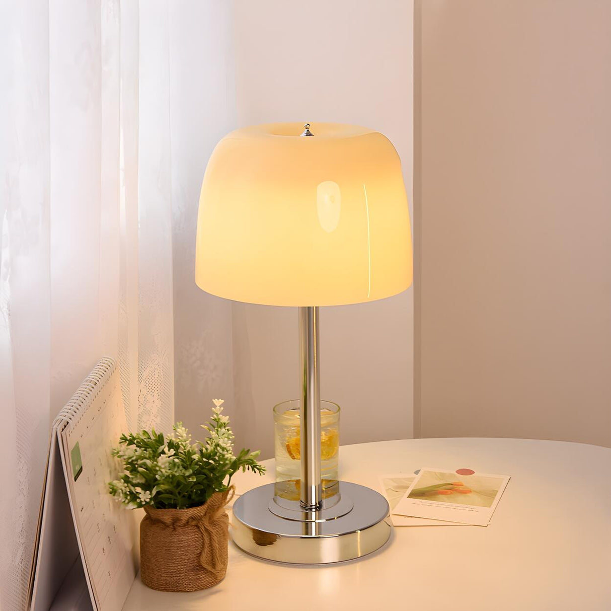 Elegant Umbrella Dome Glass Shade White LED Table Lamp Image - 6