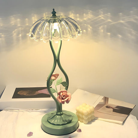 Elegant Umbrella Glass Shade Green Floral Table Lamp Image - 1