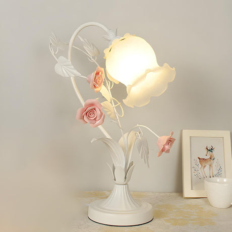 Elegant Umbrella Glass Shade Green Floral Table Lamp Image - 2