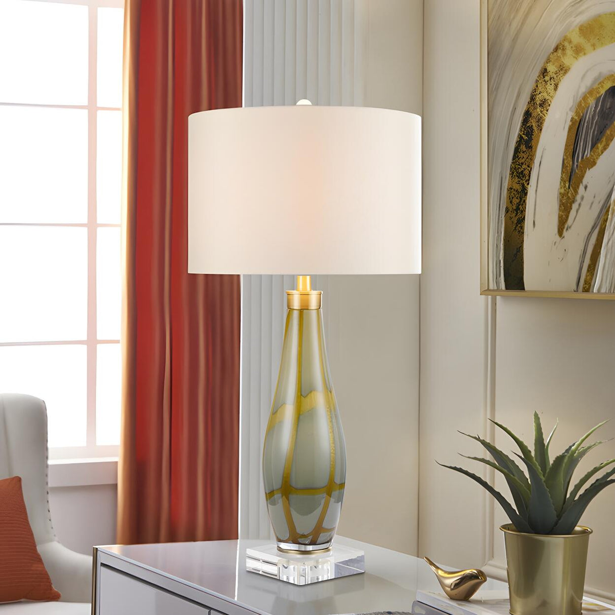 Elegant Vase Base Drum Shaped Fabric Shade Table Lamp Image - 15