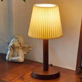 Elegant Walnut Finish Barrel Pleated Shade Table Lamp Image - 1