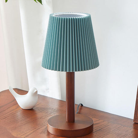 Elegant Walnut Finish Barrel Pleated Shade Table Lamp Image - 2