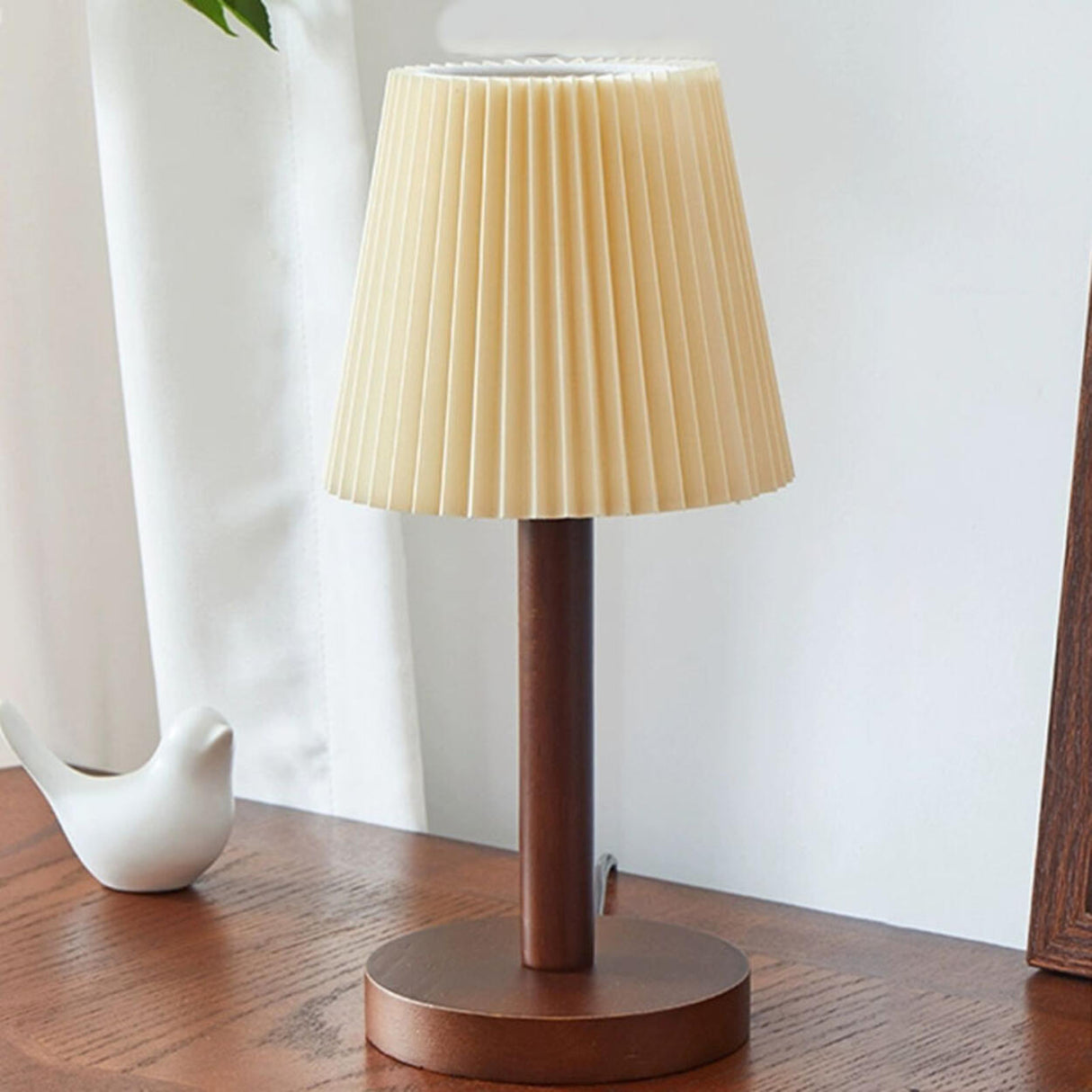 Elegant Walnut Finish Barrel Pleated Shade Table Lamp Image - 3