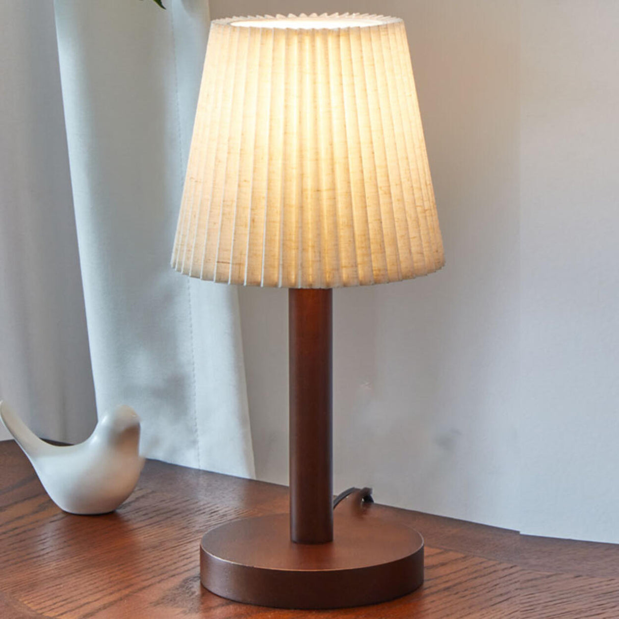 Elegant Walnut Finish Barrel Pleated Shade Table Lamp Image - 4