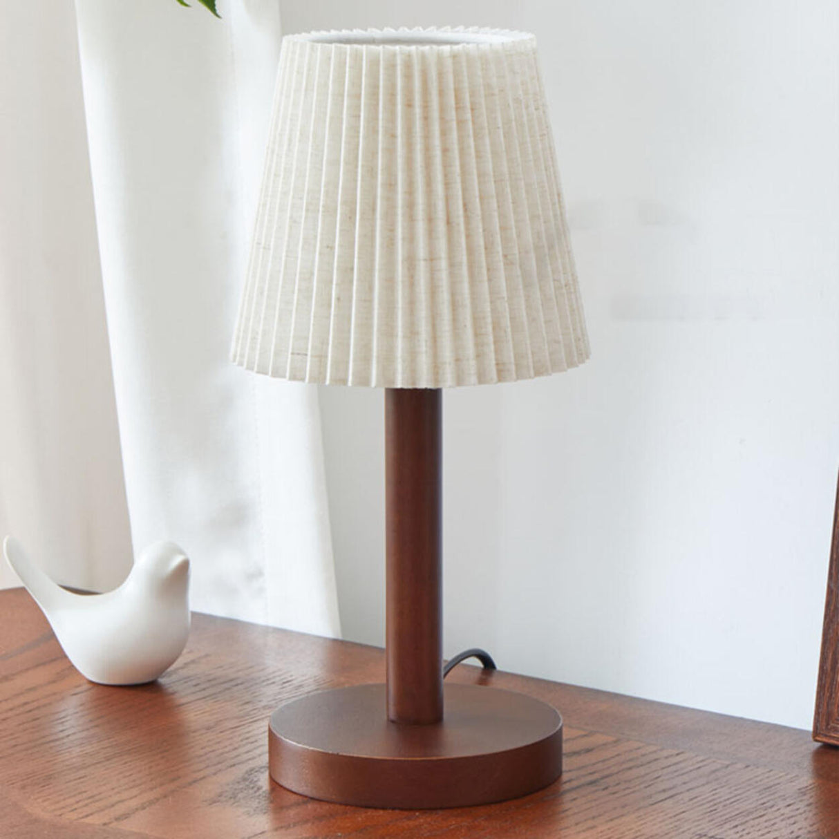 Elegant Walnut Finish Barrel Pleated Shade Table Lamp Image - 7