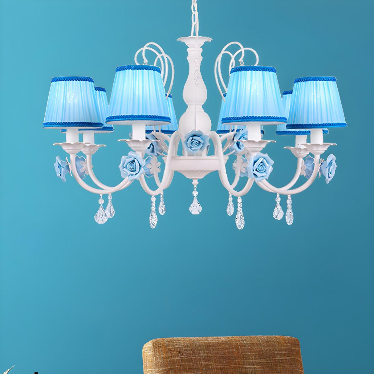 Elegant White Blue Fabric Floral Round Chandelier Image - 10