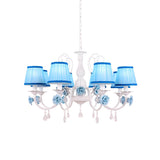 Elegant White Blue Fabric Floral Round Chandelier Image - 11