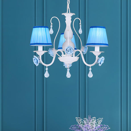 Elegant White Blue Fabric Floral Round Chandelier Image - 2