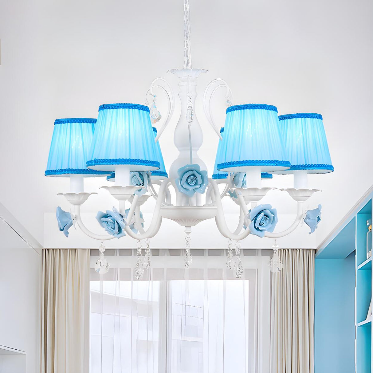 Elegant White Blue Fabric Floral Round Chandelier Image - 4