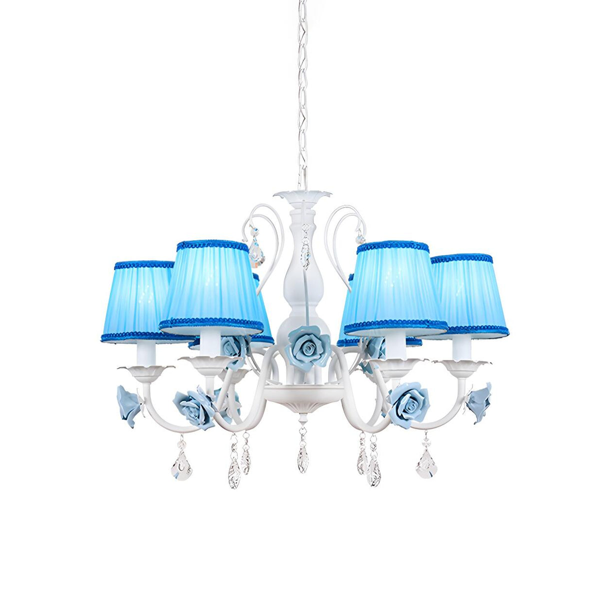 Elegant White Blue Fabric Floral Round Chandelier Image - 7