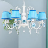 Elegant White Blue Fabric Floral Round Chandelier Image - 8