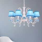 Elegant White Blue Fabric Floral Round Chandelier Image - 9