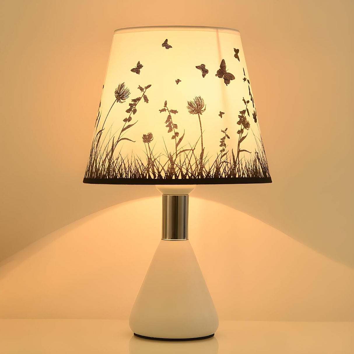 Elegant White Cone Iron Base Floral Fabric Table Lamp Image - 8