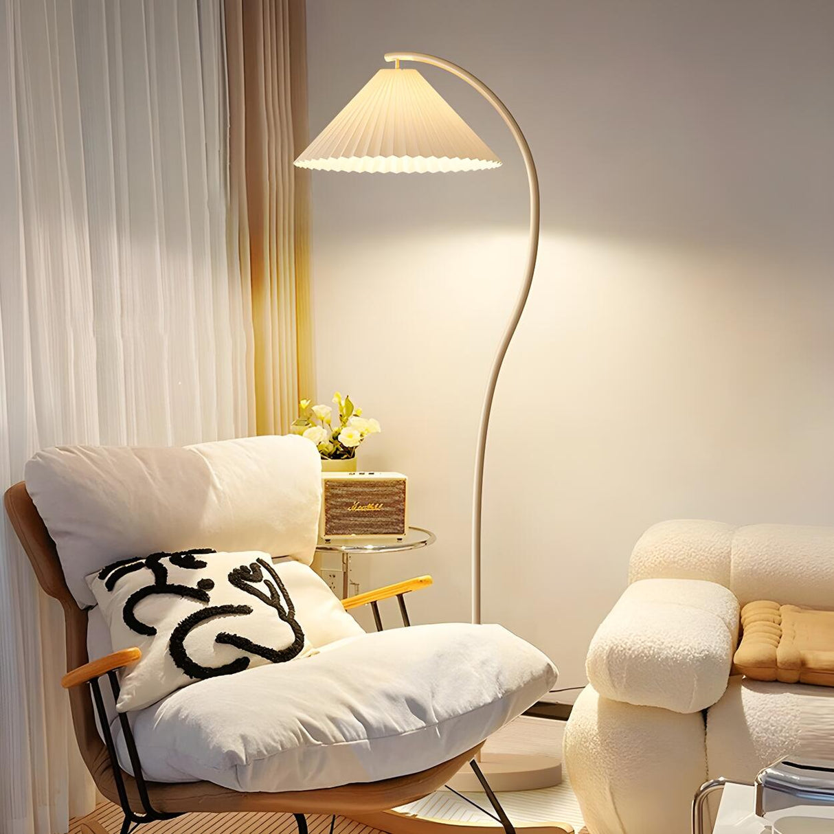 Elegant White Curved Floor Lamp with Pleated Shade Image - 11