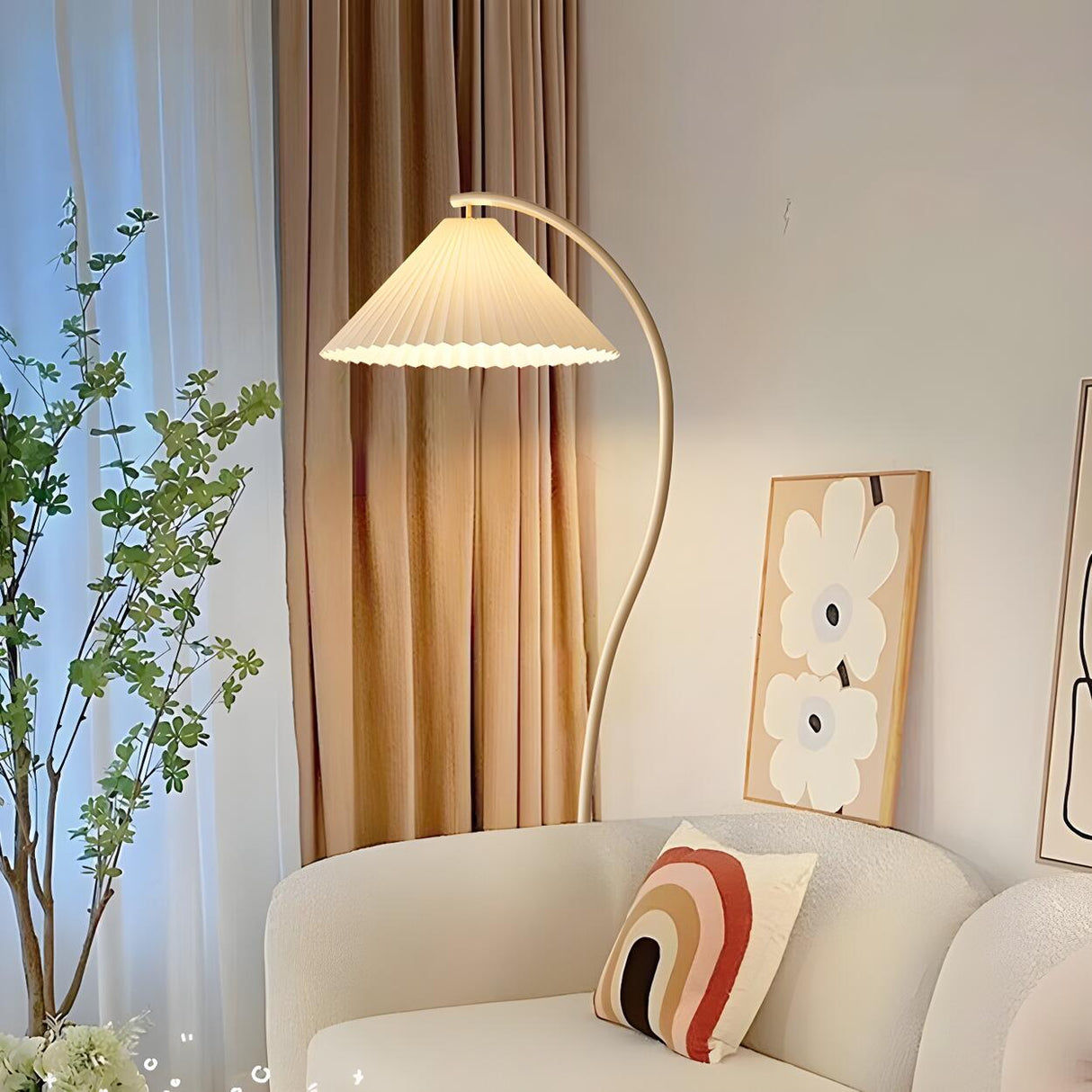 Elegant White Curved Floor Lamp with Pleated Shade Image - 2