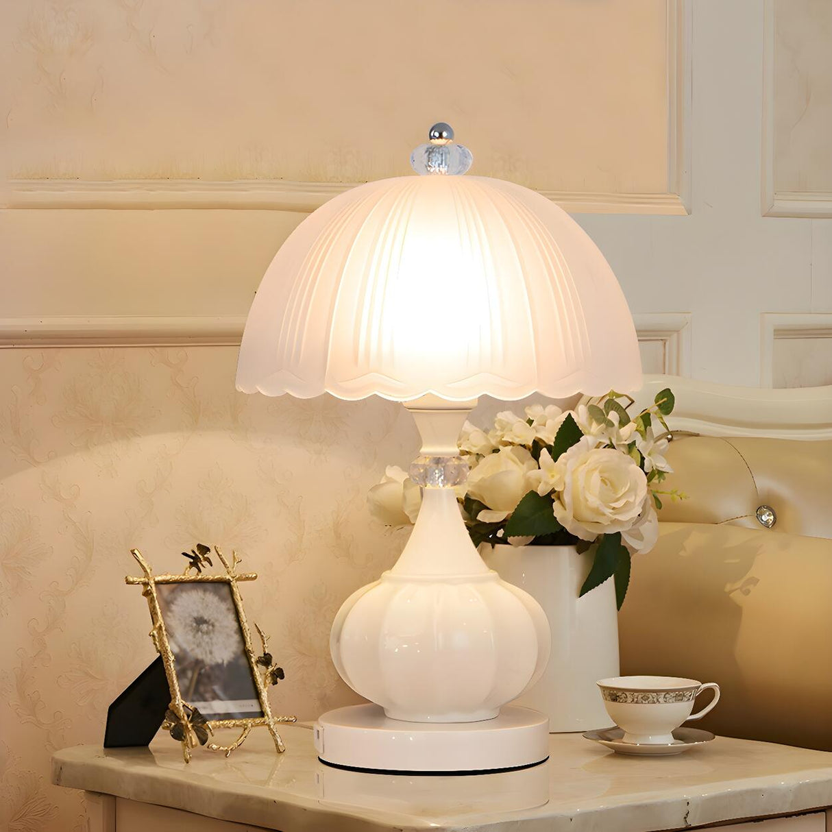 Elegant White Dome Geometric Glass Bedroom Table Lamp Image - 1