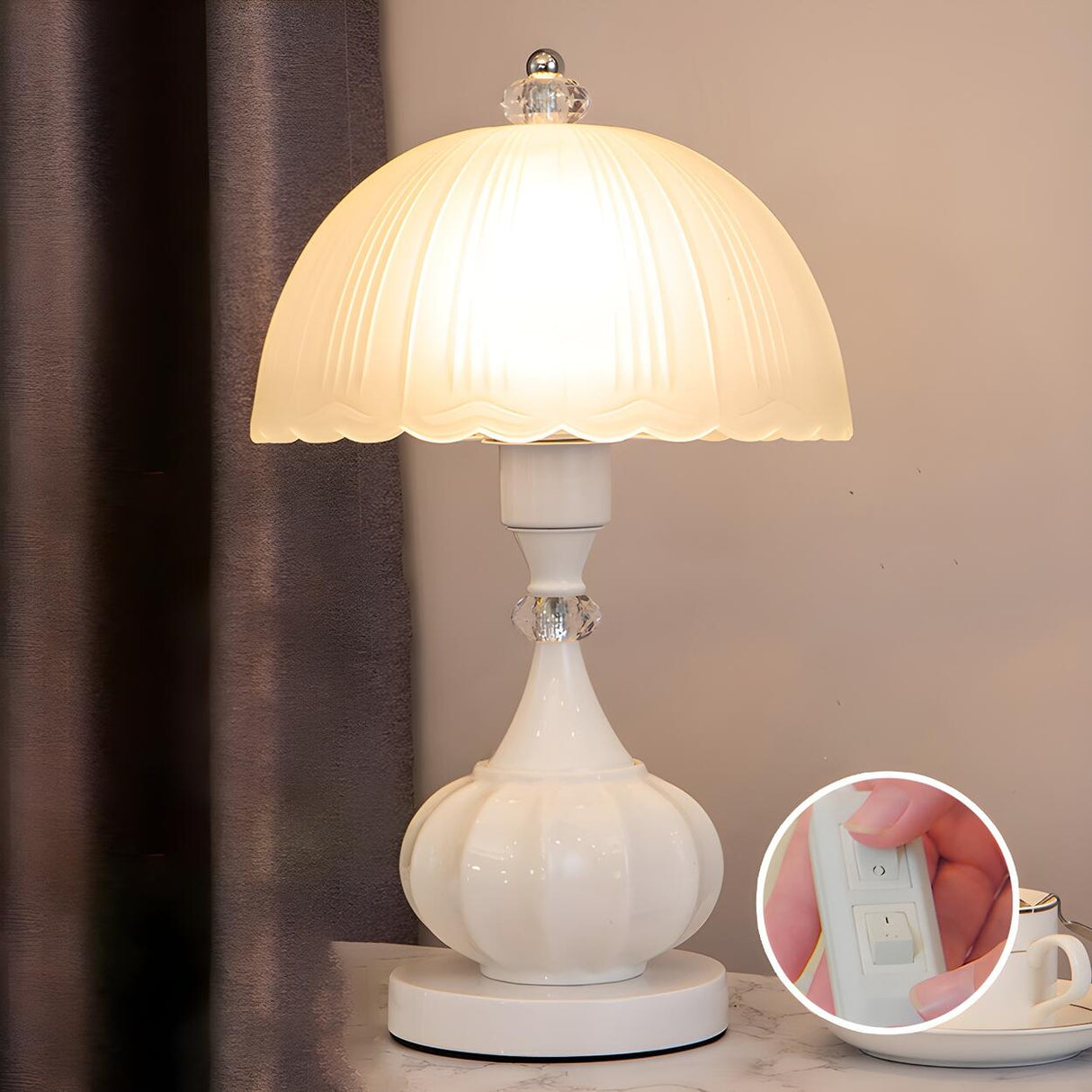 Elegant White Dome Geometric Glass Bedroom Table Lamp Image - 4