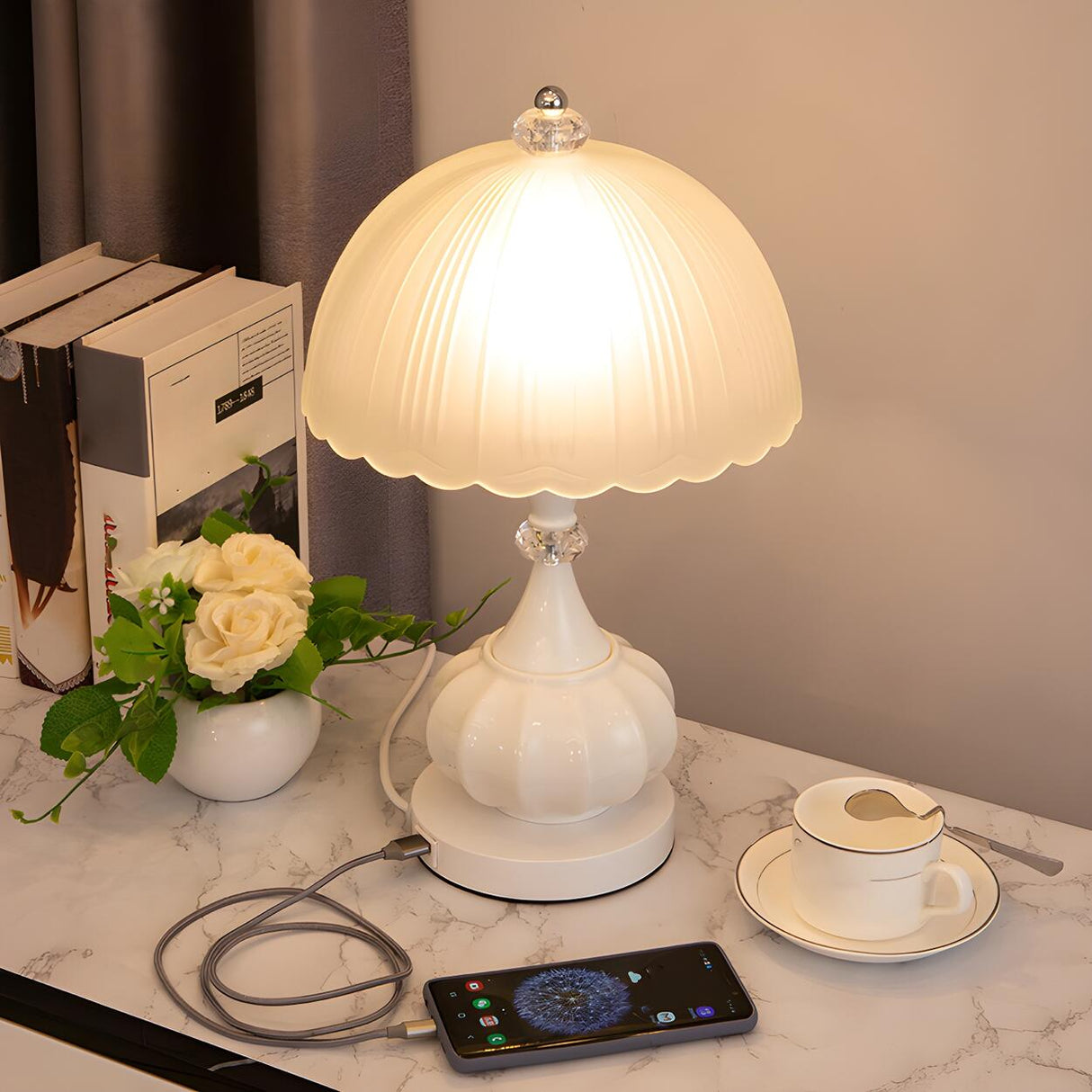 Elegant White Dome Geometric Glass Bedroom Table Lamp Image - 6