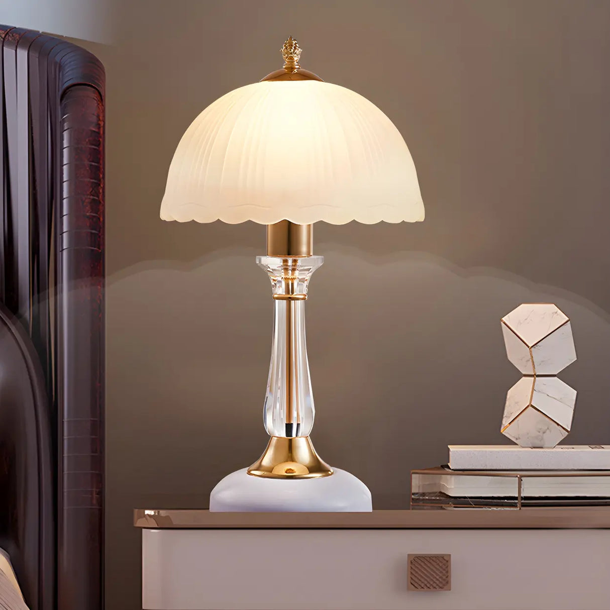 Elegant White Dome Glass Crystal Bedside Table Lamp Image - 1