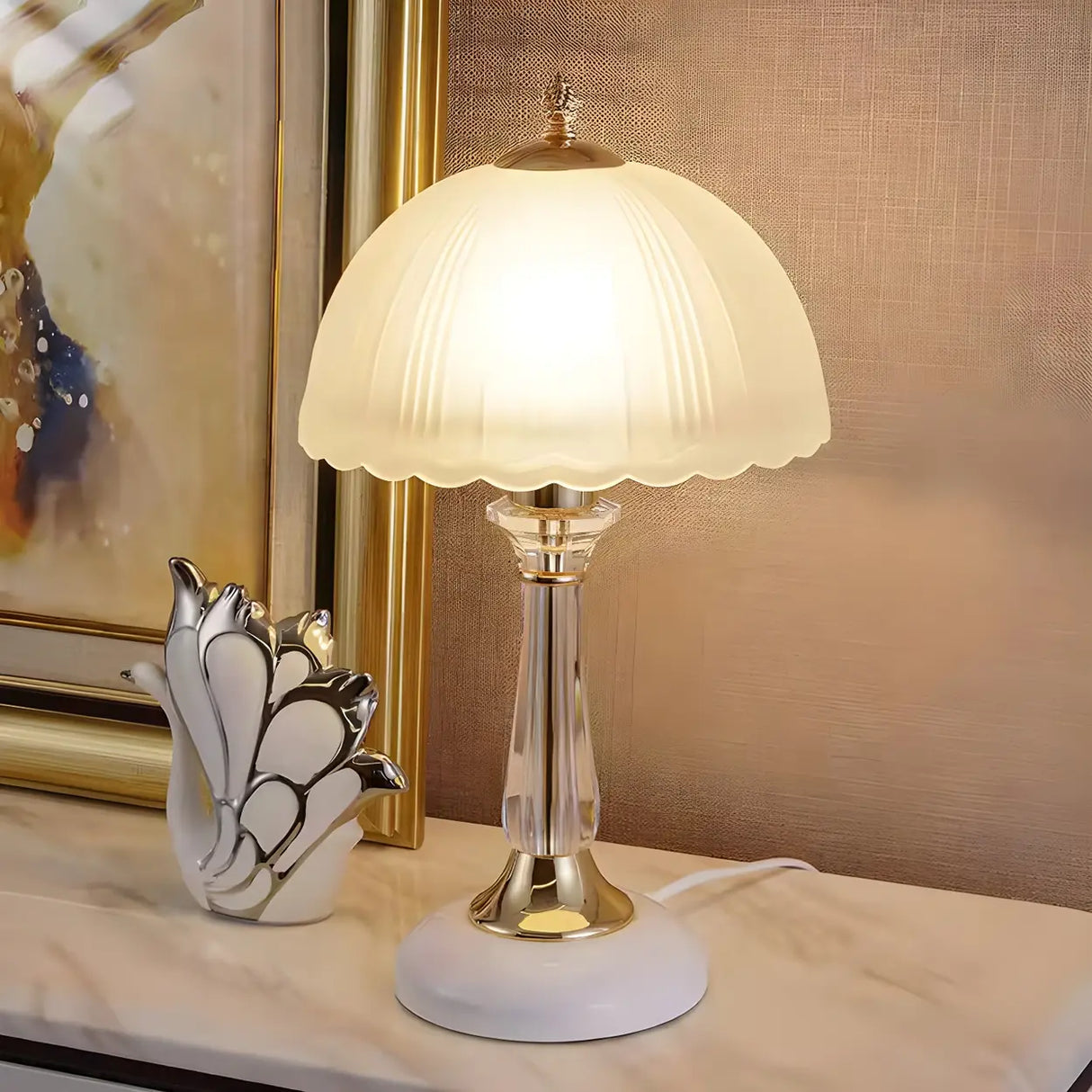 Elegant White Dome Glass Crystal Bedside Table Lamp Image - 10