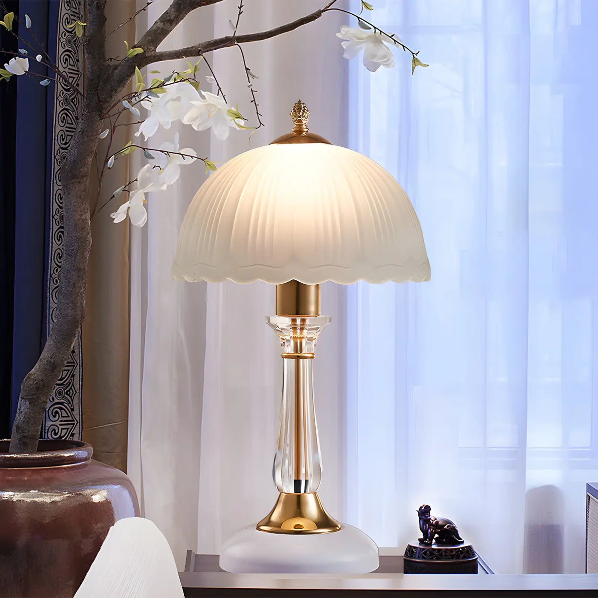 Elegant White Dome Glass Crystal Bedside Table Lamp Image - 2