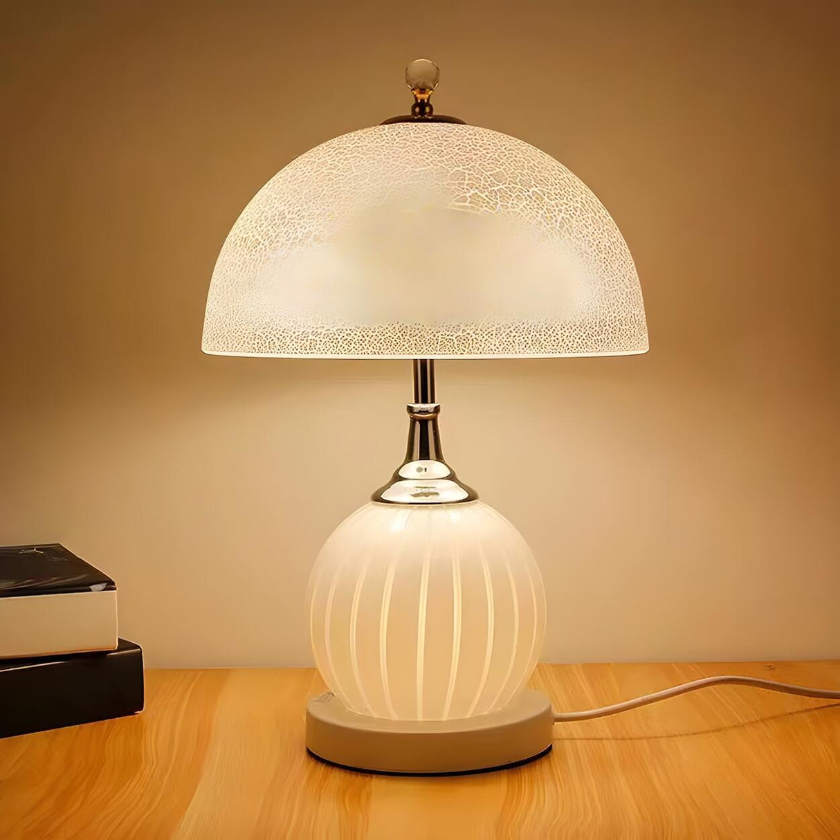 Elegant White Dome Globe Base Glass Bedroom Table Lamp Image - 10