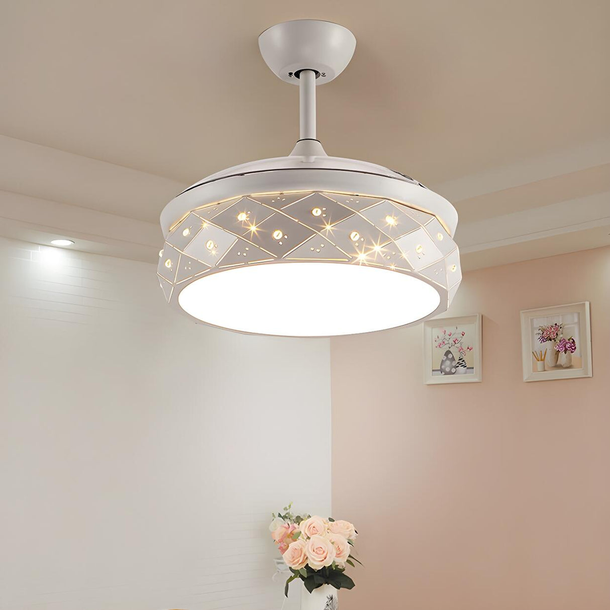 Elegant White Drum Geometric Ceiling Fan With Light Image - 2