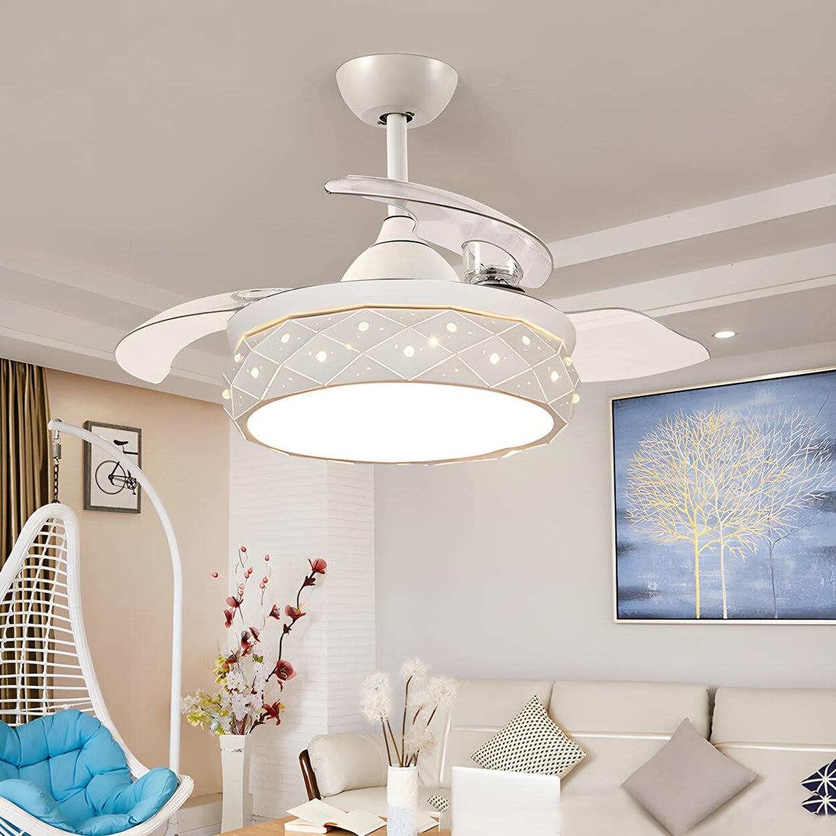 Elegant White Drum Geometric Ceiling Fan With Light Image - 3