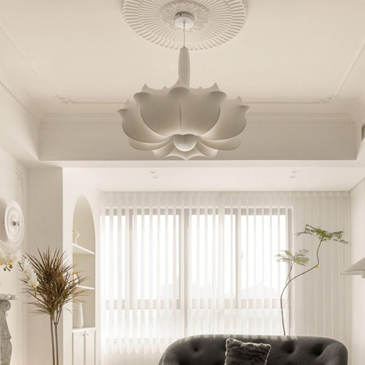 Elegant White Fabric Lotus Drum Chandelier Image - 4