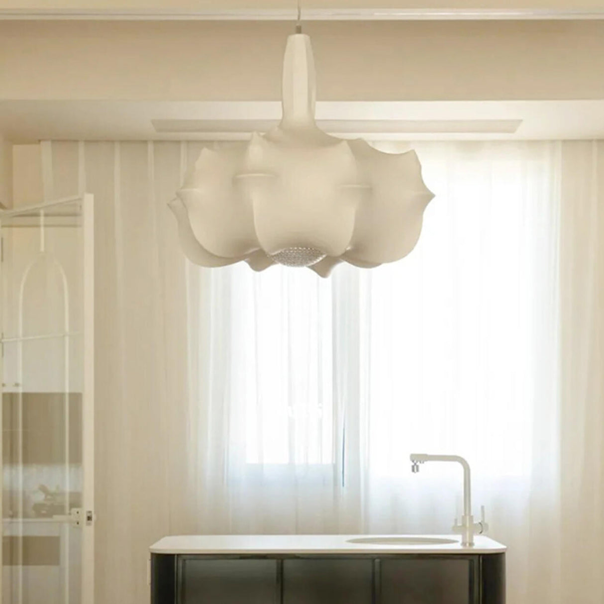 Elegant White Fabric Lotus Drum Chandelier Image - 8