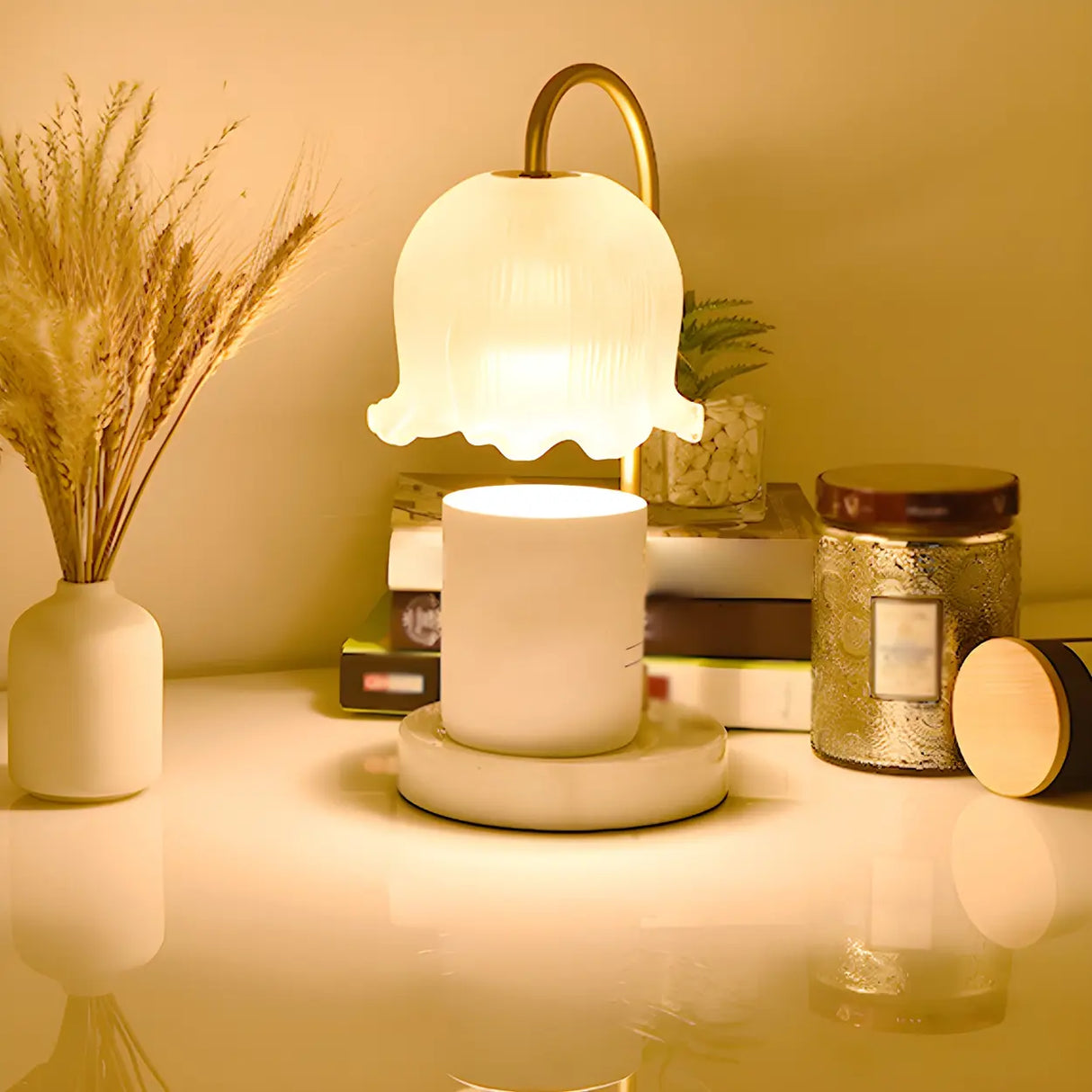 Elegant White Floral Glass Adjustable Light Table Lamp Image - 4