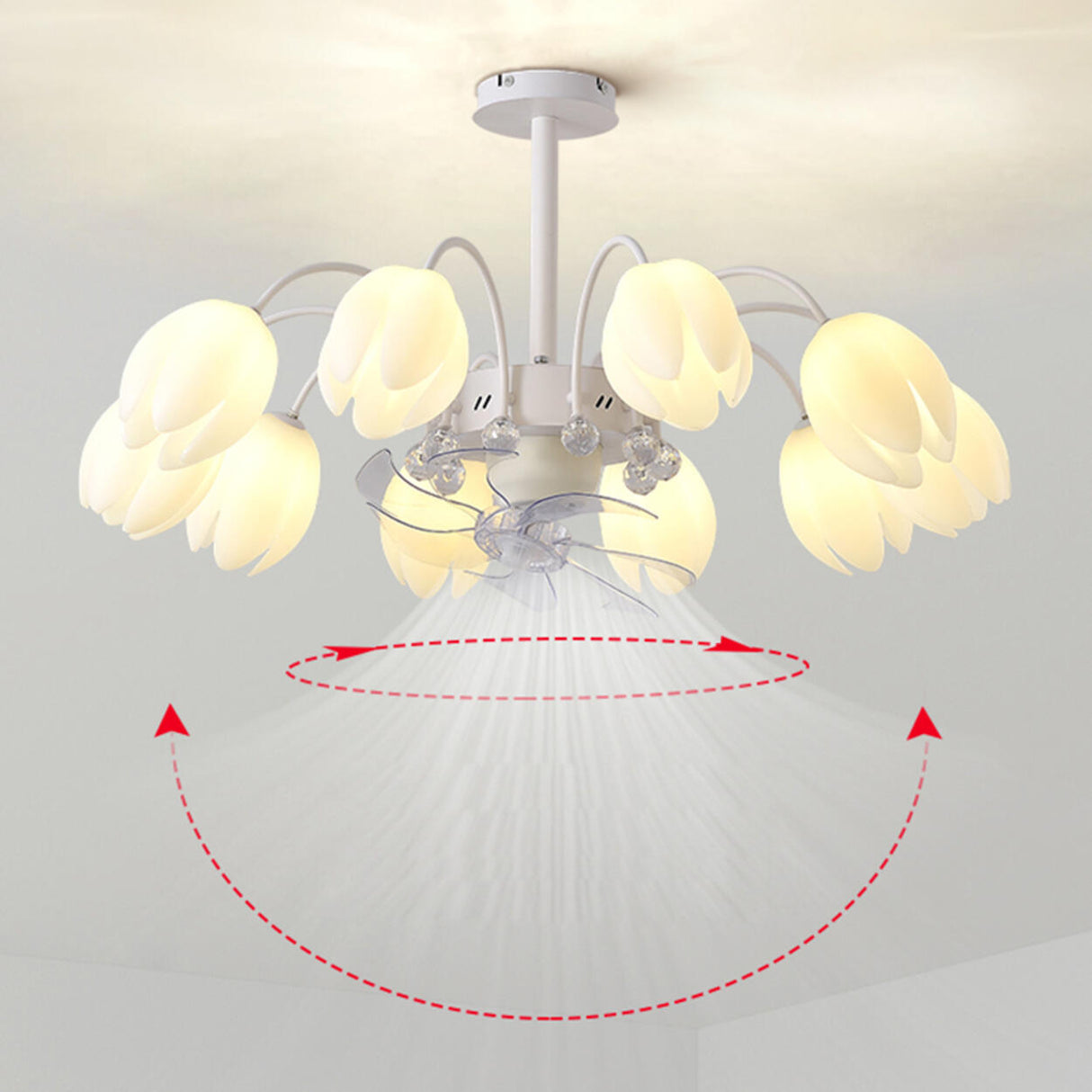 Elegant White Flower Remote Chandelier Fan with Light Image - 13