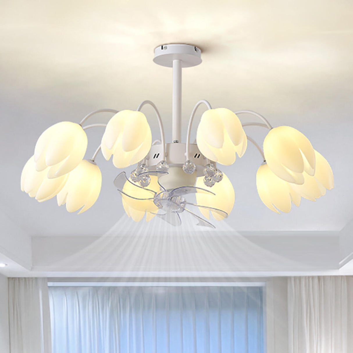 Elegant White Flower Remote Chandelier Fan with Light Image - 2