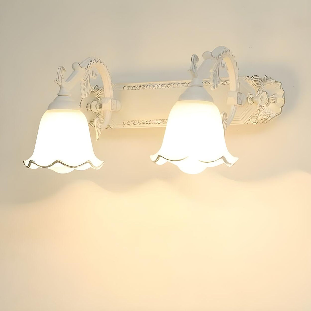 Elegant White Glass Floral Metal LED Vanity Light Image - 3