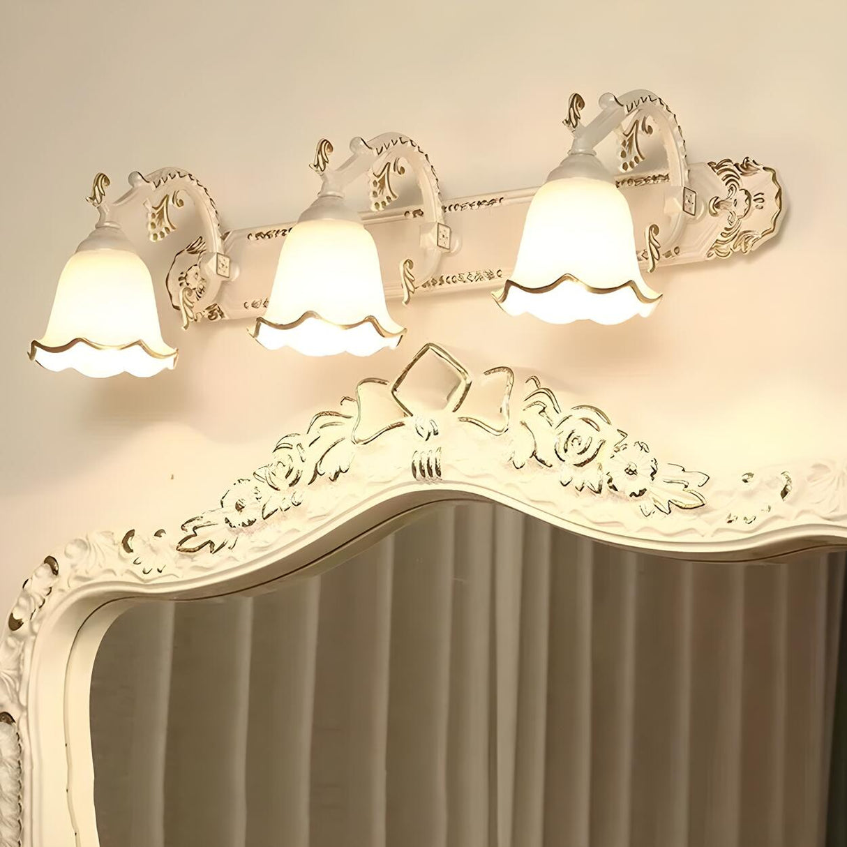 Elegant White Glass Floral Metal LED Vanity Light Image - 4