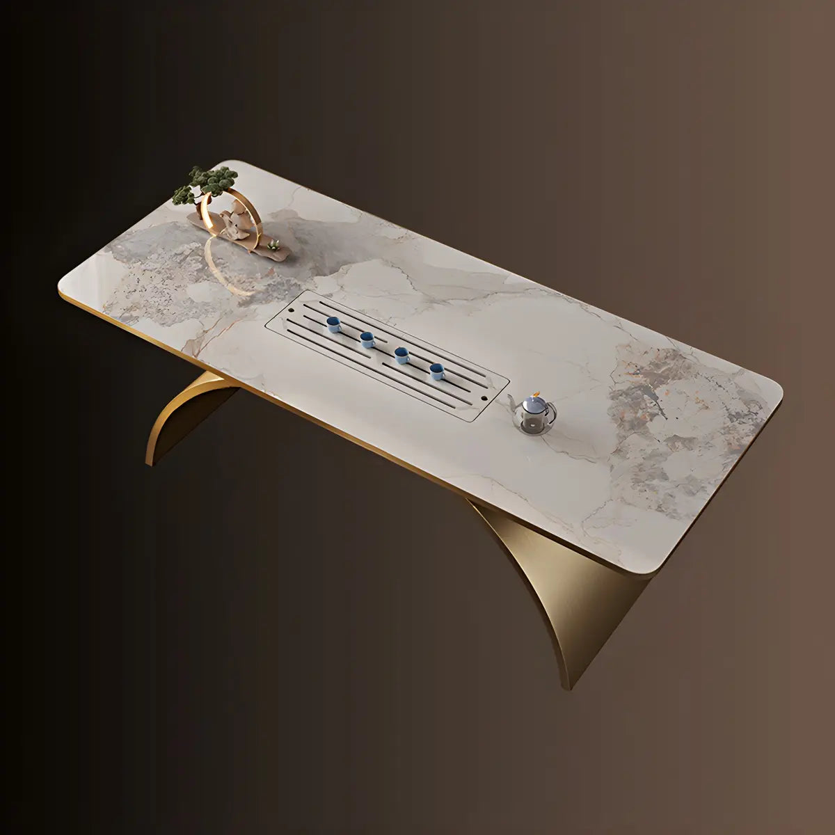 Elegant White Gold Stone Steel-Base Long Writing Desk Image - 9