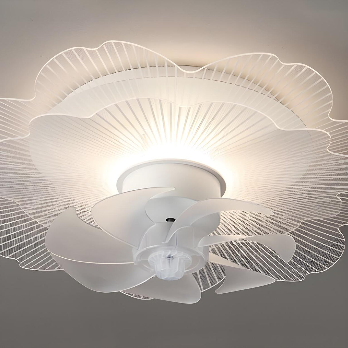 Elegant White Hollow Flower Flush Ceiling Fan Light Image - 13