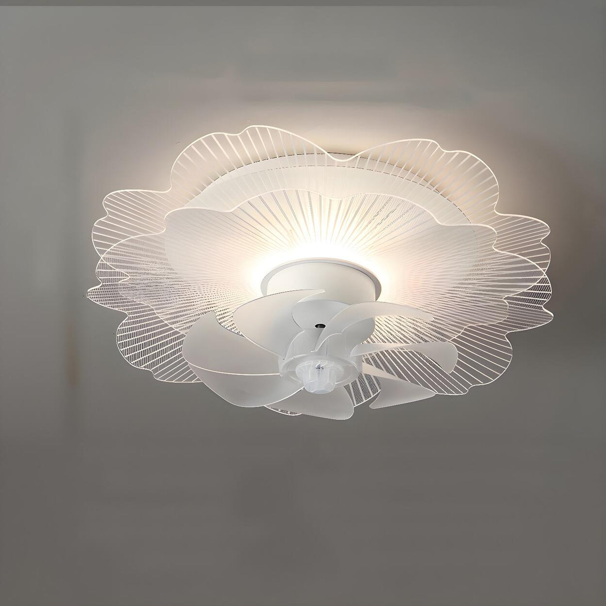 Elegant White Hollow Flower Flush Ceiling Fan Light Image - 6